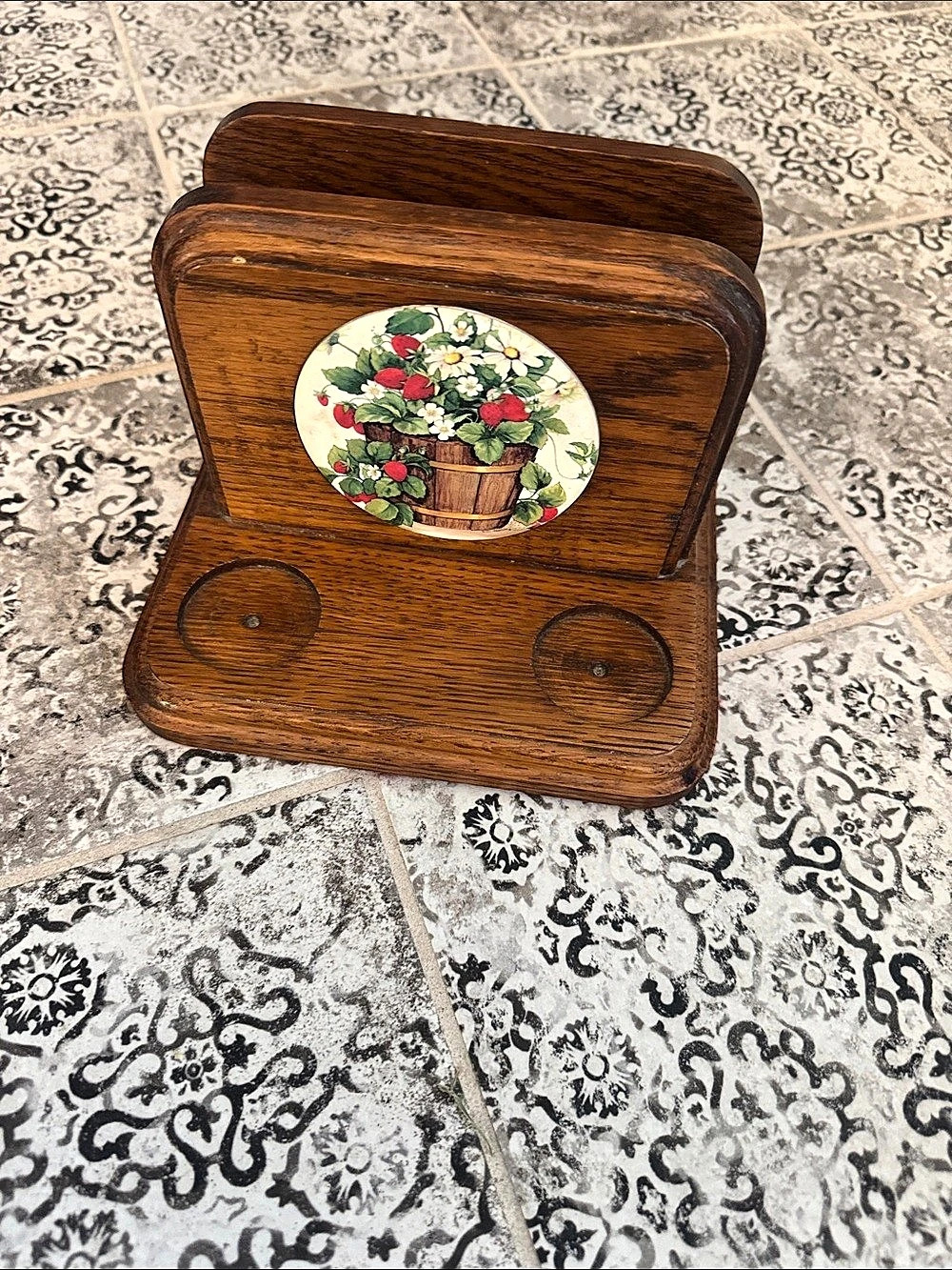Wooden Floral Napkin Holder Brown & Multicolor